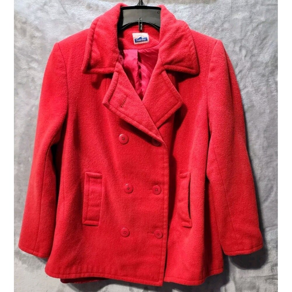 Vintage Trader Bay Wool Double Breast Pea Coat Women's Red 12 Pockets Y2K